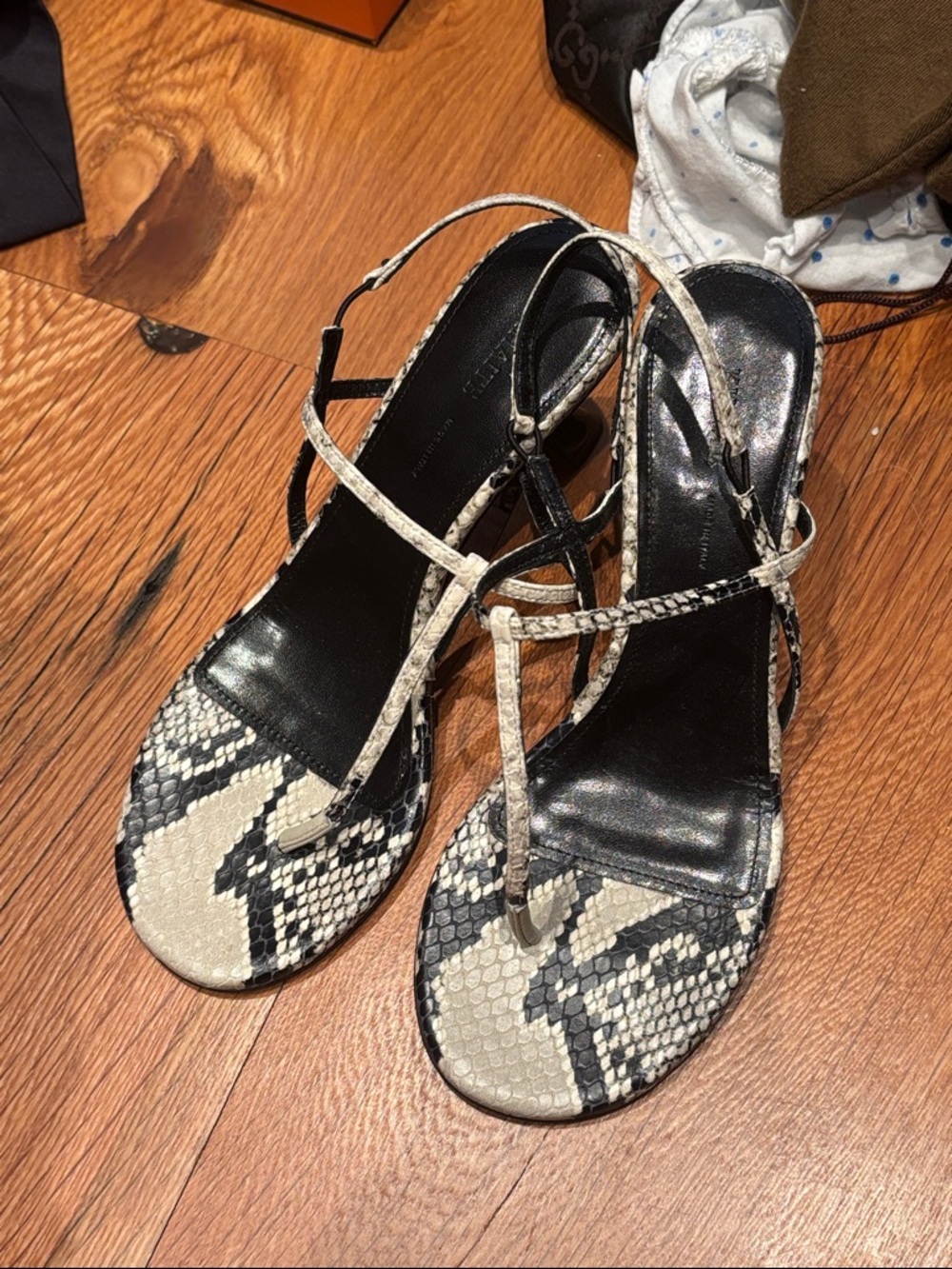 KHAITE Snake-Print Strappy Slingback Sandals in Black & Cream
